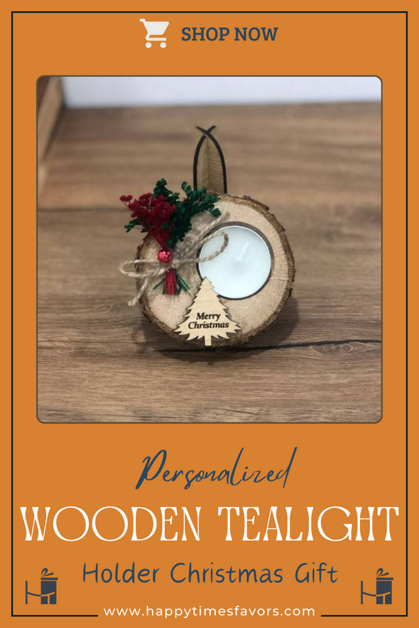 Christmas Personalized Wooden Tealight Favors, Custom Christmas Gift Items designed by Happy Times Favors, a handmade gift shop. Wooden candle holder decorated with real natural dried flowers, personalized wooden name tag and tealight. Ideal for Christmas, Noel, New Year, Happy Holiday party gifts. Personalized Christmas Gifts, Custom Gifts for Christmas, Christmas decorations, ornaments