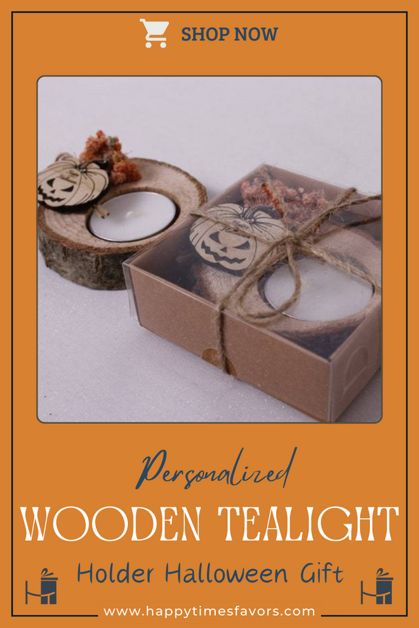 Halloween Candle Favors, Wooden Tealight Holder with Dried Flower