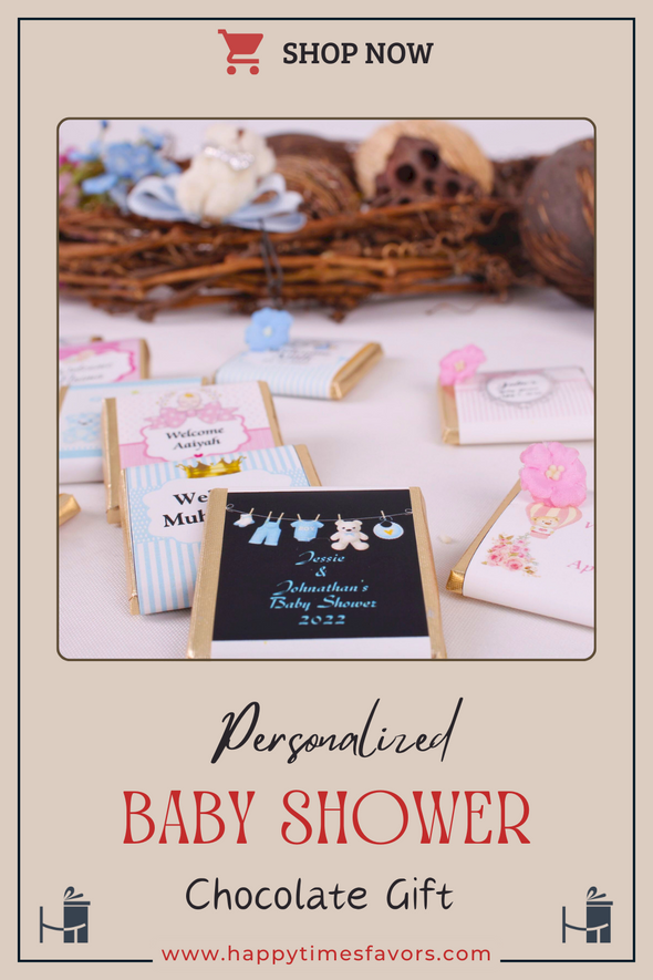 Personalized Baby Shower Chocolate Favors Birthday Baptism 1st Communion Gift Items designed by Happy Times Favors, a handmade gift shop. These items are ideal for baby shower ideas, baby shower favors, baby shower gifts, baby shower decorations, baptism favors, christening party favors, wedding favors, thank you gifts, bridal shower favor, engagement favor, first communion favor, birthday gift