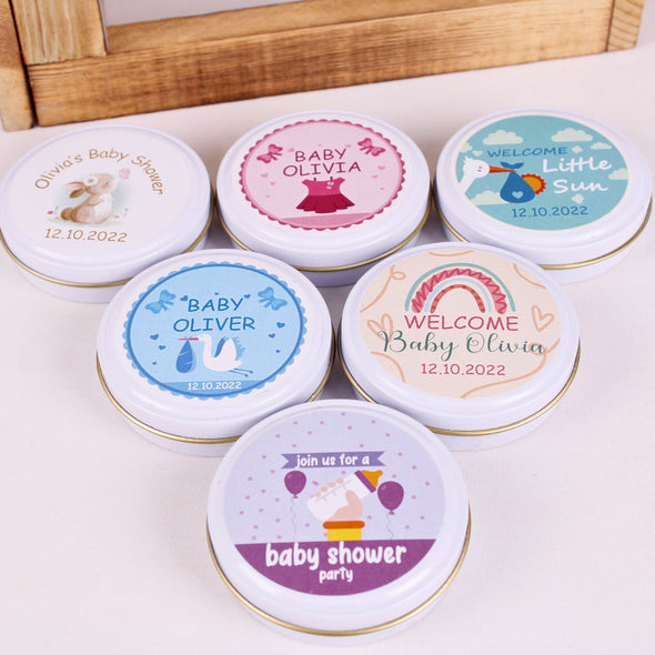Baby Shower Favors for Guests Cute Mini Box Scented Candle Mini Baby Shower Candle Gift Tin Candle Favors Baptism Candle Favors Crafted by Happy Times Favors, a handmade gift shop, this luxury mini box scented candle is perfect for baby showers and any other special events.