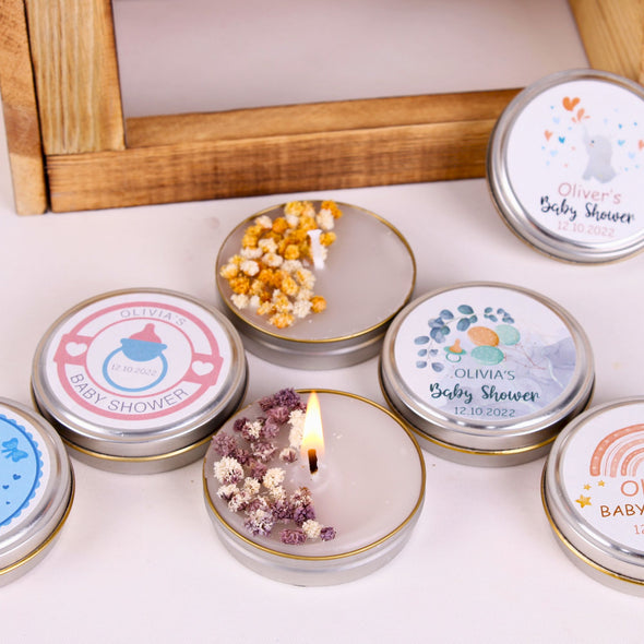 Baby Shower Favors for Guests Cute Mini Box Scented Candle Mini Baby Shower Candle Gift Tin Candle Favors Baptism Candle Favors Crafted by Happy Times Favors, a handmade gift shop, this luxury mini box scented candle is perfect for baby showers and any other special events.