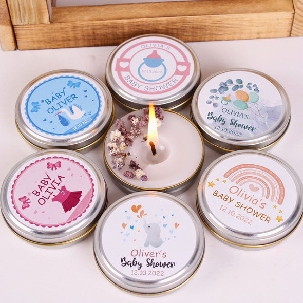 Baby Shower Favors for Guests Cute Mini Box Scented Candle Mini Baby Shower Candle Gift Tin Candle Favors Baptism Candle Favors Crafted by Happy Times Favors, a handmade gift shop, this luxury mini box scented candle is perfect for baby showers and any other special events.