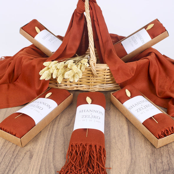 Luxury Personalized Burnt Orange Pashmina Shawls: Perfect Bridal Shower Gifts, Bridesmaid Presents, & More! Items designed by Happy Times Favors, a handmade gift shop. Pashminas are ideal for bridal shower gifts, bridal shower presents, gifts to give at a bridal shower, present for wedding shower, wedding gift ideas, bridesmaid present, bridal shower favor, wedding favor for guests, wedding gift for guests, thank you gift.