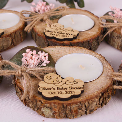 Handmade Baby Shower Candle Favors, Baptism Candle Bulk Favors, Wooden Tealight Holder with Dried Flower Items designed by Happy Times Favors, a handmade gift shop. These items are ideal for, babyshower, wedding favors, unique gifts for guests, thank you gifts, bridal shower favors, baptism favors, bridesmaid favors, engagement favors, party gifts, baby shower favors, birthday or any party favors. 