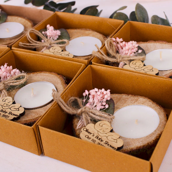Handmade Baby Shower Candle Favors, Baptism Candle Bulk Favors, Wooden Tealight Holder with Dried Flower