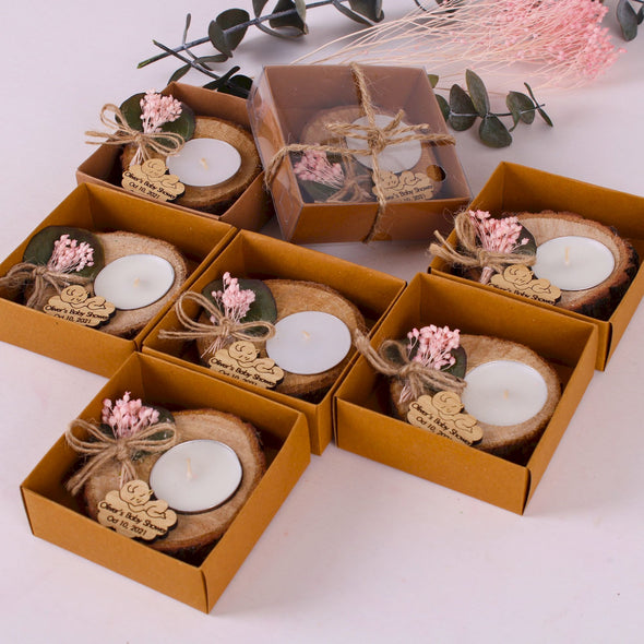 Handmade Baby Shower Candle Favors, Baptism Candle Bulk Favors, Wooden Tealight Holder with Dried Flower