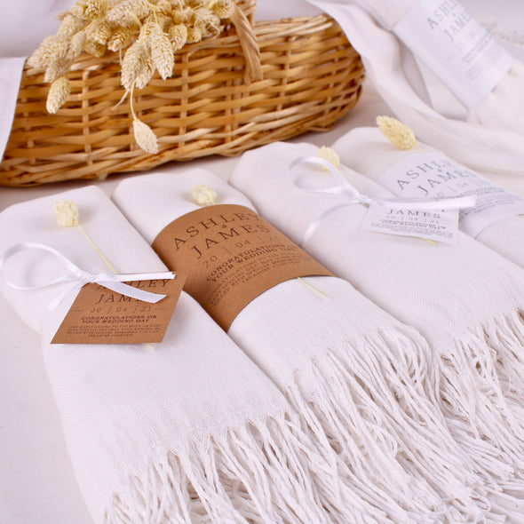 Luxury Personalized Cream Pashmina Shawls: Perfect Bridal Shower Gifts, Bridesmaid Presents, & More! Items designed by Happy Times Favors, a handmade gift shop. Pashminas are ideal for bridal shower gifts, bridal shower presents, gifts to give at a bridal shower, present for wedding shower, wedding gift ideas, bridesmaid present, bridal shower favor, wedding favor for guests, wedding gift for guests, thank you gift.