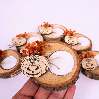 Halloween Candle Favors, Wooden Tealight Holder with Dried Flower Items designed by Happy Times Favors, a handmade gift shop. These items are ideal for, Halloween, wedding favors, babyshower, wedding favors, unique gifts for guests, thank you gifts, bridal shower favors, baptism favors, bridesmaid favors, engagement favors, party gifts.