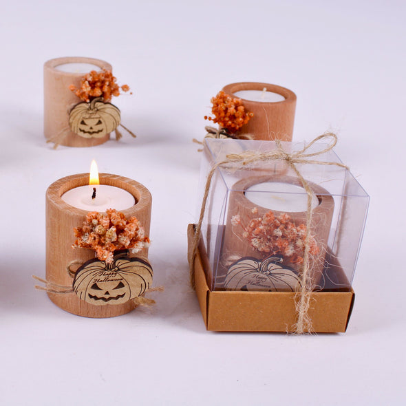 Halloween Candle-Wooden Tealight Holder with Dried Flower Items designed by Happy Times Favors, a handmade gift shop. These items are ideal for, Halloween, wedding favors, babyshower, wedding favors, unique gifts for guests, thank you gifts, bridal shower favors, baptism favors, bridesmaid favors, engagement favors, party gifts.
