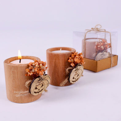 Halloween Candle-Wooden Tealight Holder with Dried Flower Items designed by Happy Times Favors, a handmade gift shop. These items are ideal for, Halloween, wedding favors, babyshower, wedding favors, unique gifts for guests, thank you gifts, bridal shower favors, baptism favors, bridesmaid favors, engagement favors, party gifts.
