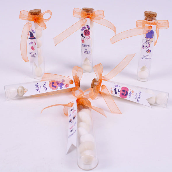 Halloween Candy Favors-Halloween Party Gifts Items designed by Happy Times Favors, a handmade gift shop. Tube with candies, with a nice sateen-tulle ribbon bow tie and white tag. Ideal for Halloween, Christmas, wedding favors, unique gifts for guests, thank you gifts, bridal shower favors, baptism favors, bridesmaid favors, engagement favors, party gifts.