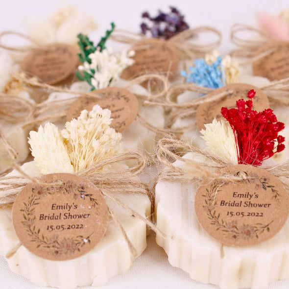 Personalized Natural Handmade Soap Wedding Gifts, Bridal Shower Gifts, Bridal Shower Soap Favors Items designed by Happy Times Favors, a handmade gift shop. These items are ideal for bridal shower gifts, bridal shower presents, gifts to give at a bridal shower, present for wedding shower, wedding gift ideas, bridesmaid present, bridal shower favor, wedding favor for guests, wedding gift for guests, thank you gift.