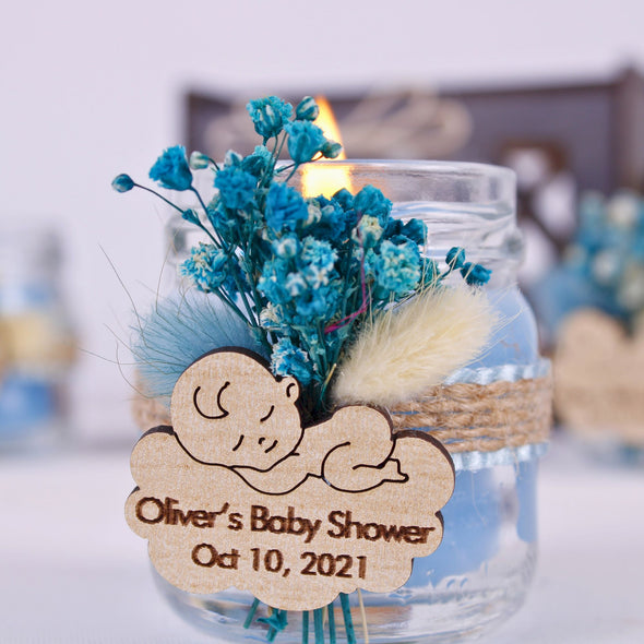 Personalized Baby Shower Scented Candle Favor, Christening gift Items designed by Happy Times Favors, a handmade gift shop. These are Handmade Customizable Candle in the Glass Jar. We personalize Tag, flowers. This luxury product is designed for Baby Shower. We design this unique favor for your bridal shower, baby shower, christening gift, wedding, etc. parties.