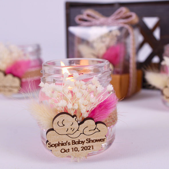 Personalized Baby Shower Scented Candle Favor, Christening gift Items designed by Happy Times Favors, a handmade gift shop. These are Handmade Customizable Candle in the Glass Jar. We personalize Tag, flowers. This luxury product is designed for Baby Shower. We design this unique favor for your bridal shower, baby shower, christening gift, wedding, etc. parties.