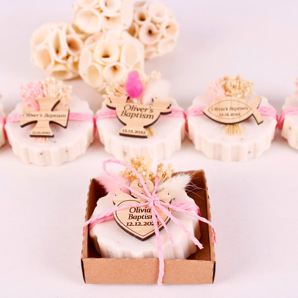 Personalized Handmade Scented Soap Favors, Baptism Gifts for Girls, Communion Favors for Guests, Christening Favors Items designed by Happy Times Favors, a handmade gift shop. Perfect for baptism favor, 1st Communion, wedding favors, unique gifts for guests, thank you gifts, Baby shower,  bridal shower favors, bridesmaid favors, engagement favors, party gifts, Christmas, Noel, New Year, Lavender Jasmine Scents Floral Soap Favors.