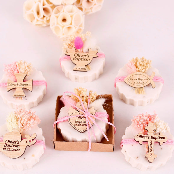 Personalized Handmade Scented Soap Favors, Baptism Gifts for Girls, Communion Favors for Guests, Christening Favors Items designed by Happy Times Favors, a handmade gift shop. Perfect for baptism favor, 1st Communion, wedding favors, unique gifts for guests, thank you gifts, Baby shower,  bridal shower favors, bridesmaid favors, engagement favors, party gifts, Christmas, Noel, New Year, Lavender Jasmine Scents Floral Soap Favors.