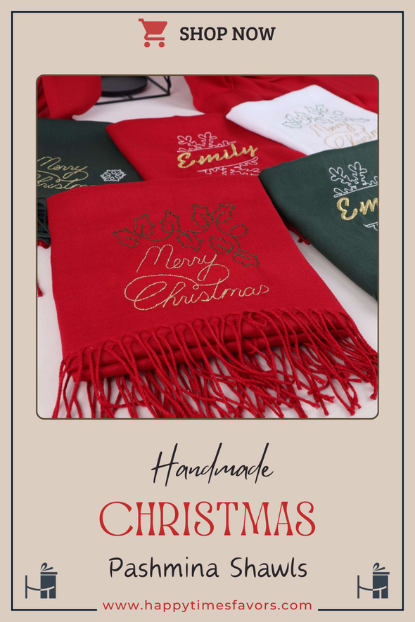 Embroidery Merry Christmas Scarf, Personalized Monogram Christmas Gift Shawl, Colorful Pashmina, New Year Shawl Items designed by Happy Times Favors, a handmade gift shop, are Personalized Scarf for Christmas, New Year, Noel, Bridal Shower, Wedding Shower, Fall Wedding. Pashmina scarves has Custom bands or monogrammed, stitched scarf. We can customize them with logo or name. These are unique wedding shawl for guests.