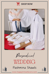 Personalized High Quality White Pashmina (240 grams), Luxury Pashmina Shawls: Perfect Bridal Shower Gifts, Bridesmaid Presents, & More! Designed by Happy Times Favors, a handmade gift shop. Shawls are ideal for bridal shower, gifts to give at a shower, wedding, bridesmaid present, wedding favors
