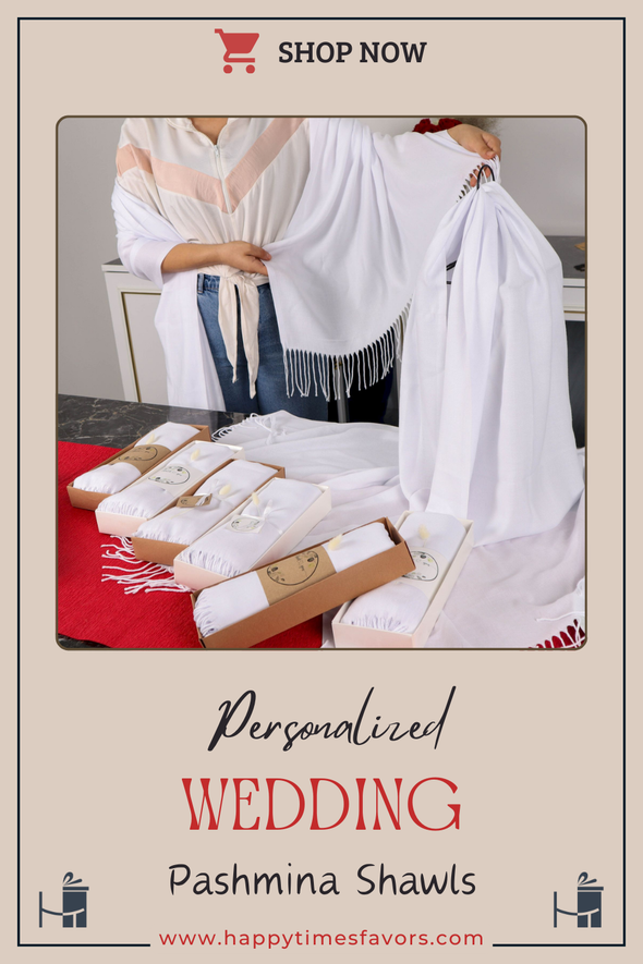 Personalized High Quality White Pashmina (240 grams), Luxury Pashmina Shawls: Perfect Bridal Shower Gifts, Bridesmaid Presents, & More! Designed by Happy Times Favors, a handmade gift shop. Shawls are ideal for bridal shower, gifts to give at a shower, wedding, bridesmaid present, wedding favors
