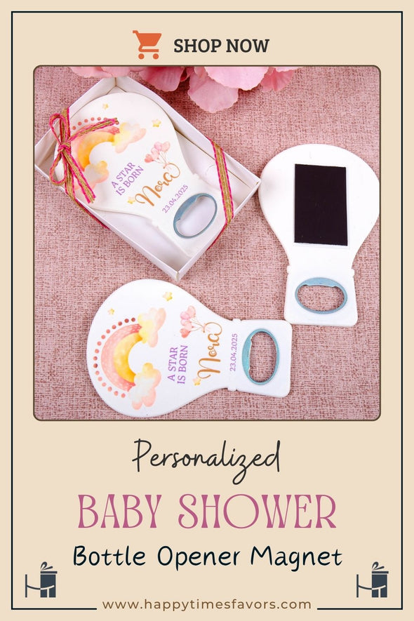 Personalized Baby Shower Bottle Opener Magnet, Custom Fridge Bottle Opener Magnet, Party Favor for Guests Discover Happy Times Favors' handmade bottle opener magnets—perfect for baby showers, baptisms, christenings, and first communions. Customizable and unique!