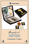 Baptism Chocolate Favors Box, Custom Chocolates, Bulk Baptism Favors, Baby Shower Favors Designed by Happy Times Favors, these bulk chocotale favors are ideal for baby shower, baptism favors, christening party favors, wedding favors, first communion.