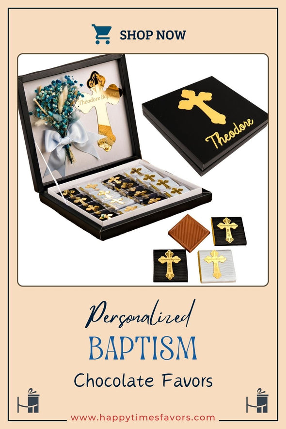 Baptism Chocolate Favors Box, Custom Chocolates, Bulk Baptism Favors, Baby Shower Favors Designed by Happy Times Favors, these bulk chocotale favors are ideal for baby shower, baptism favors, christening party favors, wedding favors, first communion.