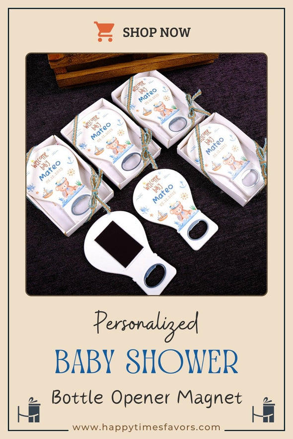Personalized Baby Shower Bottle Opener Magnet, Custom Fridge Bottle Opener Magnet, Party Favor for Guests Discover Happy Times Favors' handmade bottle opener magnets—perfect for baby showers, baptisms, christenings, and first communions. Customizable and unique!