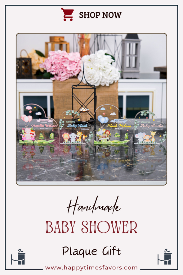 Handmade Baby Shower Acrylic Heart Shape Stand, Personalized Acrylic Table Decor, Personalized Plexiglass Plaque Gift, Wedding Unique Favors Items designed by Happy Times Favors, a handmade gift shop. These items are ideal for mothers day gifts, baby shower favors, baby shower gifts, baby shower decorations, baptism favors, christening party favors, wedding favors, thank you gifts, bridal shower favor, engagement favor, first communion favor, birthday gift