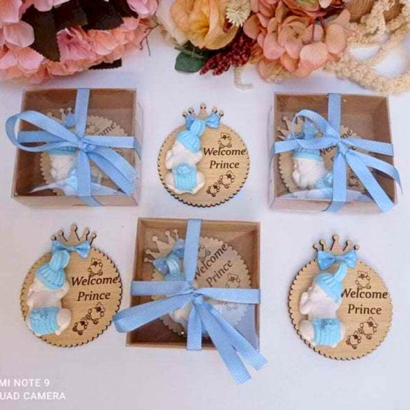 Personalized Baby Shower Scented Stone Magnet Favor Items designed by Happy Times Favors, a handmade gift shop. These items are ideal for baby showers, wedding favors, unique gifts for guests, thank you gifts, bridal shower favors, baptism favors, bridesmaid favors, engagement favors, party gifts. 