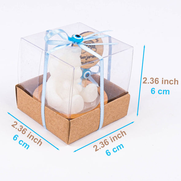 Personalized Baby Shower Candle Favor, Bear Shaped Candle with Wood Candle Handle, Christening Gift Items designed by Happy Times Favors, handmade gift shop. Candles are designed for baby shower favor, bridal shower, baby shower, christening gift, wedding etc.
