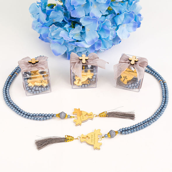 Personalized Baptism Rosary Beads, Prayer Beads, Christian Jewelry, First Communion Favor, Christening Favor, Confirmation Favor Items designed by Happy Times Favors, a handmade gift shop. Epoxy Resin magnet favor decorated with real natural dried flowers and Custom clear sticker label. Ideal for baptism, wedding favors, unique gifts for guests, thank you gifts, Baby shower, bridal shower, baby sprinkle, baby shower decoration, party gifts.