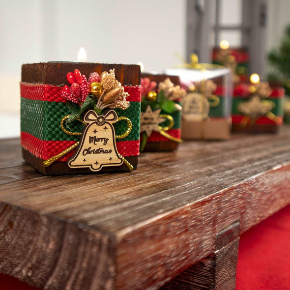 Personalized Christmas New Year Noel Gift Favor Wooden Tealight Holder Items designed by Happy Times Favors, a handmade gift shop. Wooden candle holder decorated with real natural dried flowers, personalized wooden name tag and tealight. Ideal for Christmas, Noel, New Year, Happy Holiday party gifts. Personalized Christmas Gifts, Custom Gifts for Christmas, Christmas decorations, ornaments