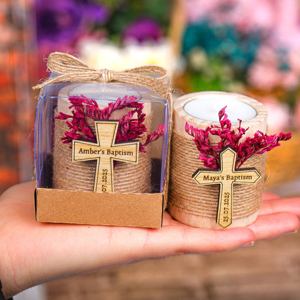 Baptism Favors, Wooden Candle Holder, Custom Candle, Tealight Holder, Confirmation, First Communion, Christening Favors