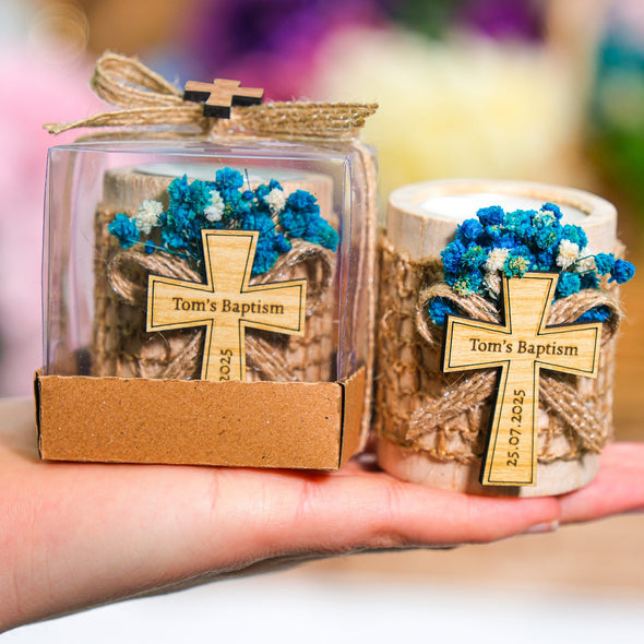 Baptism Favors, Wooden Candle Holder, Custom Candle, Tealight Holder, Confirmation, First Communion, Christening Favors