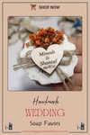 Personalized Natural Handmade Soap Wedding Gifts, Bridal Shower Gifts, Bridal Shower Soap Favors Items designed by Happy Times Favors, a handmade gift shop. These items are ideal for bridal shower gifts, bridal shower presents, gifts to give at a bridal shower, present for wedding shower, wedding gift ideas, bridesmaid present, bridal shower favor, wedding favor for guests, wedding gift for guests, thank you gift.