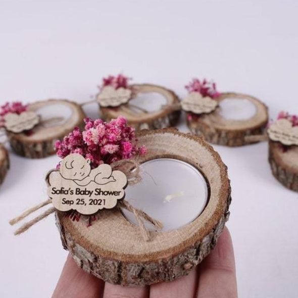 Babyshower Wooden Tealight Holder with Dried Flower - Happy Times Favors